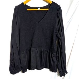 Old Navy Womens Smocked Blouse/Top V-Neck Long Puff Sleeve Black Casual Sz‎ XXL